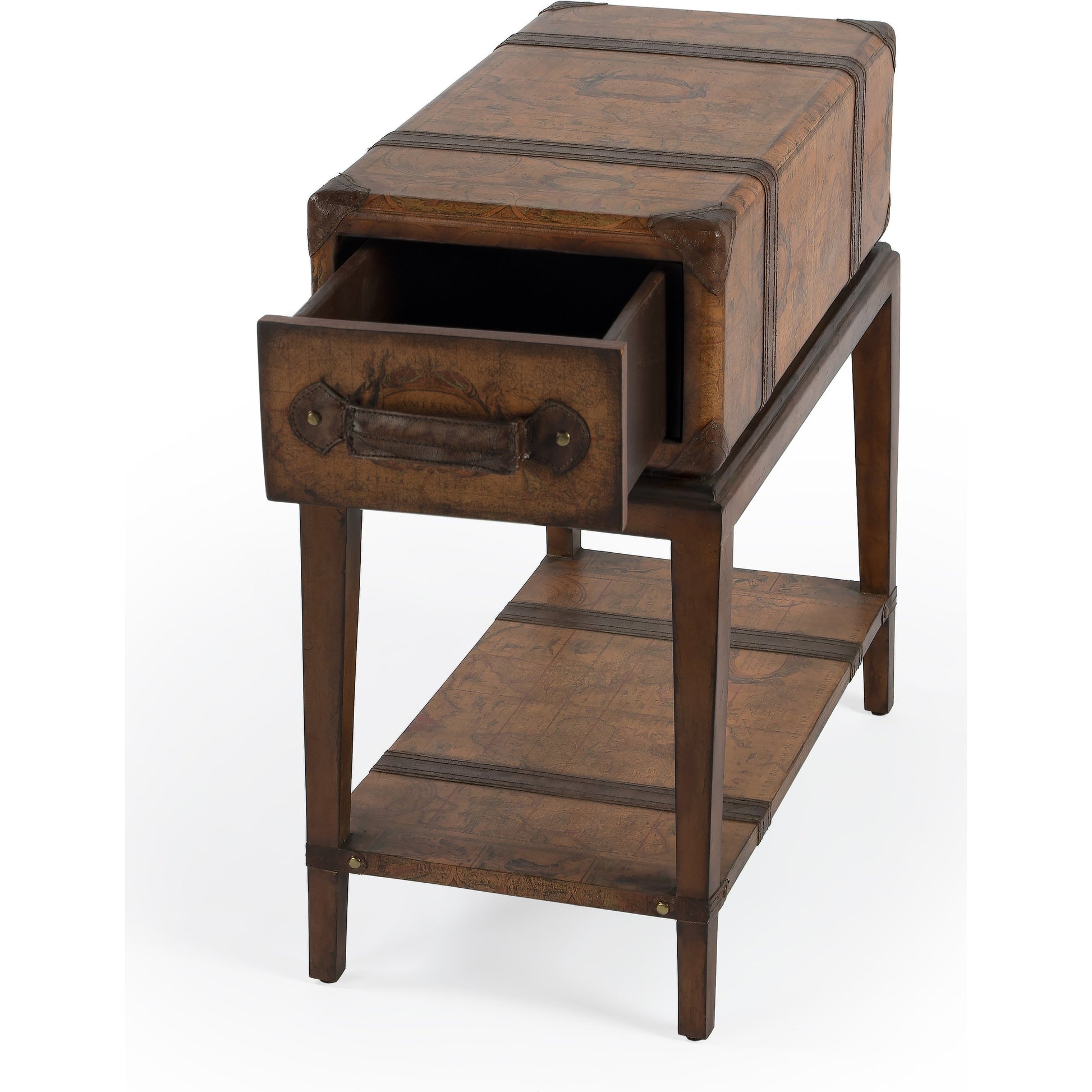 Vasco End Table by Butler Specialty Company in brown and heritage. Made from carb plywood, map paper, gemelina wood, buffalo, kara faux leather in a eclectic & global style.