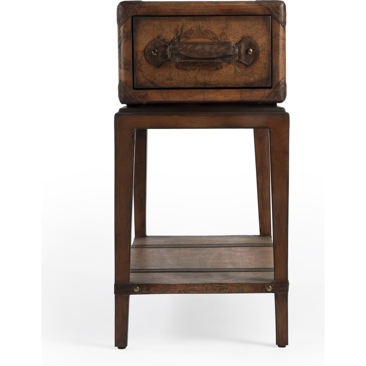 002 SI-1822389 | Additional Silo | Vasco End Table by Butler Specialty Company in brown and heritage. Made from carb plywood, map paper, gemelina wood, buffalo, kara faux leather in a eclectic & global style.