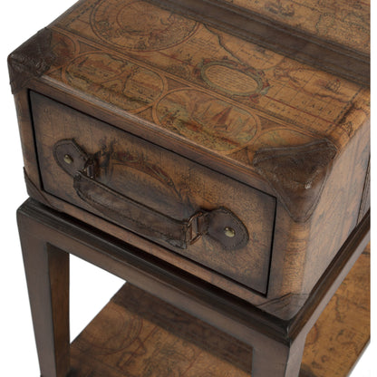 Vasco End Table by Butler Specialty Company in brown and heritage. Made from carb plywood, map paper, gemelina wood, buffalo, kara faux leather in a eclectic & global style.