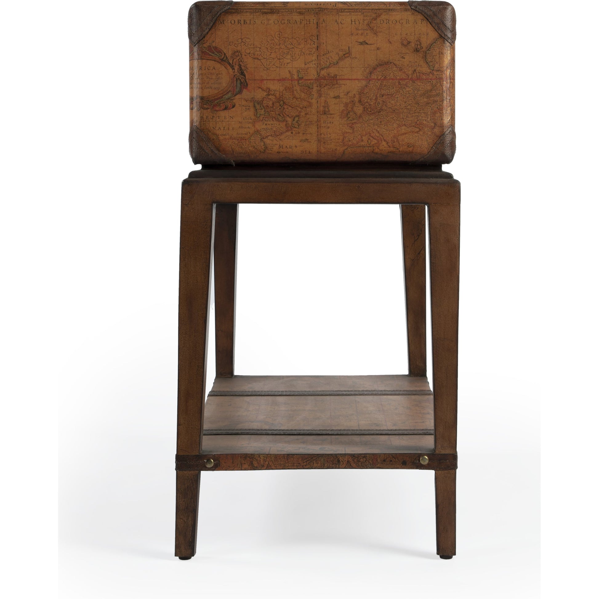 Vasco End Table by Butler Specialty Company in brown and heritage. Made from carb plywood, map paper, gemelina wood, buffalo, kara faux leather in a eclectic & global style.