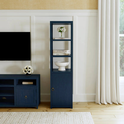 Lark 3-Tier Etagere Bookcase by Butler Specialty Company in navy blue. Made from solid acacia wood, acacia veneer, mdf in a modern style.