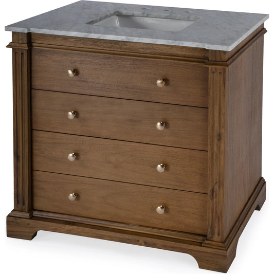 Hanson Bathroom Vanity by Butler Specialty Company in brown. Made from acacia, mdf, ceramic sink, carrara marble in a traditional style.