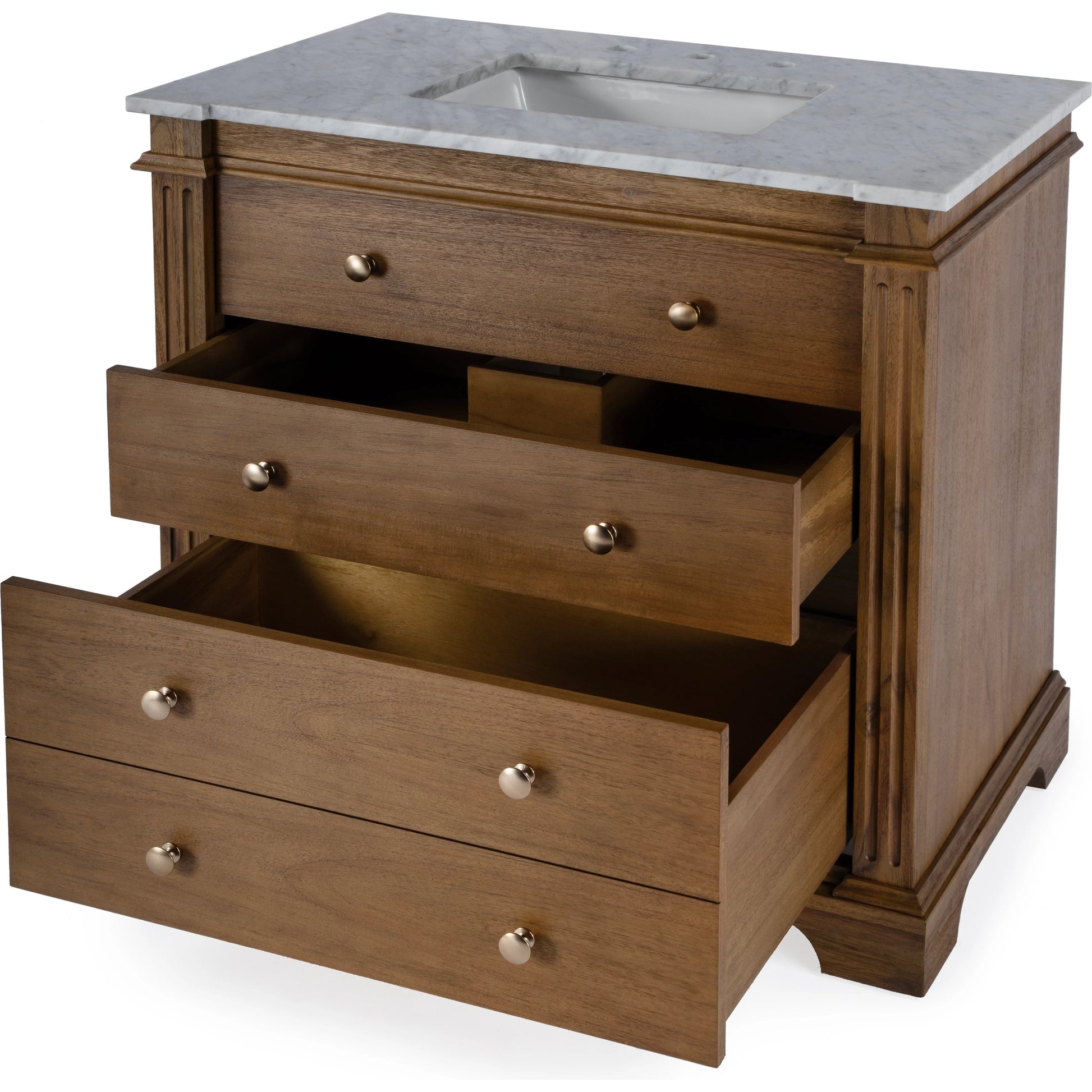 Hanson Bathroom Vanity by Butler Specialty Company in medium brown and brown. Made from acacia: 32%, mdf: 68%, sink: made of ceramics, countertop: carrara marble knob: antimony metal in a traditional style.