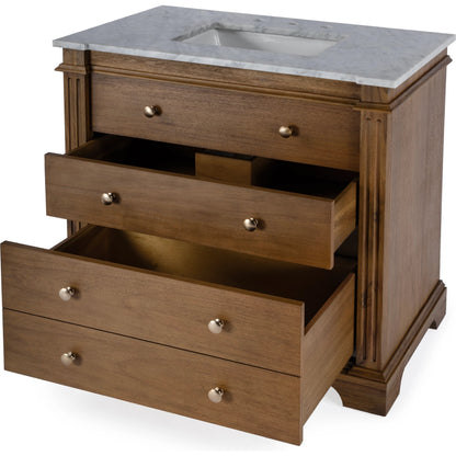 Hanson Bathroom Vanity by Butler Specialty Company in medium brown and brown. Made from acacia: 32%, mdf: 68%, sink: made of ceramics, countertop: carrara marble knob: antimony metal in a traditional style.