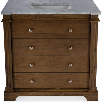 Hanson Bathroom Vanity by Butler Specialty Company in medium brown and brown. Made from acacia: 32%, mdf: 68%, sink: made of ceramics, countertop: carrara marble knob: antimony metal in a traditional style.