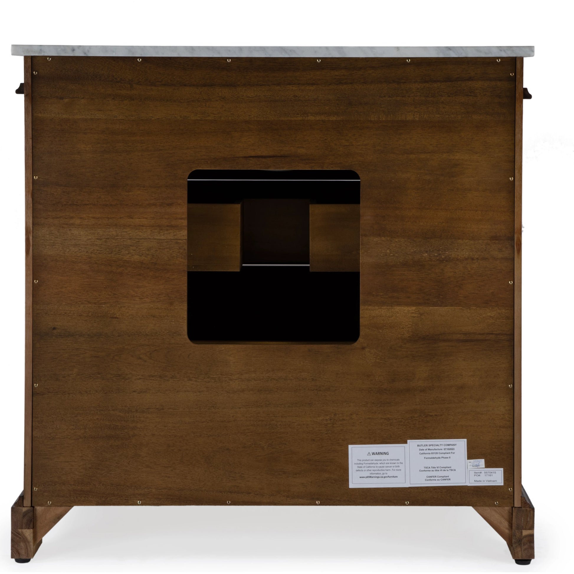 Hanson Bathroom Vanity by Butler Specialty Company in medium brown and brown. Made from acacia: 32%, mdf: 68%, sink: made of ceramics, countertop: carrara marble knob: antimony metal in a traditional style.