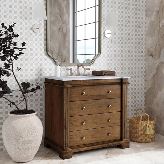 Hanson Bathroom Vanity by Butler Specialty Company in brown. Made from acacia, mdf, ceramic sink, carrara marble in a traditional style.