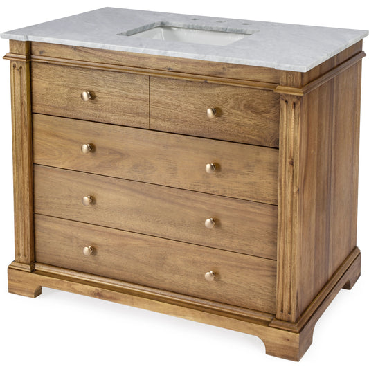 Rochelle 42" Single Bathroom Vanity Set by Butler Specialty Company in light brown, natural and brown. Made from acacia, mdf, acacia veneer, ceramic sink, carrara marble in a modern style.