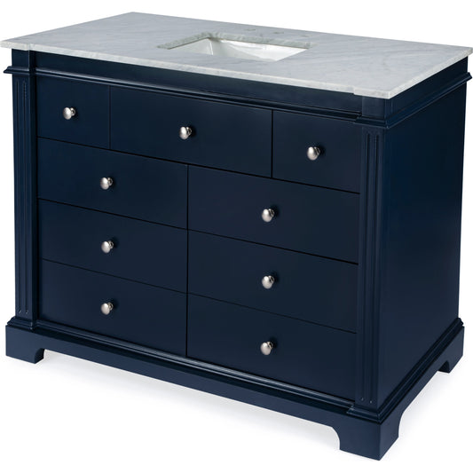 Harley 48" Single Bathroom Vanity Set by Butler Specialty Company in navy blue. Made from acacia, mdf, ceramic sink, carrara marble in a traditional style.