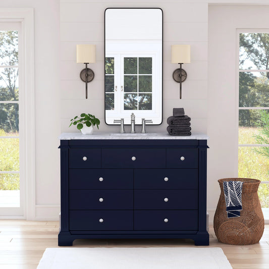 Harley 48" Single Bathroom Vanity Set by Butler Specialty Company in navy blue. Made from acacia, mdf, ceramic sink, carrara marble in a traditional style.