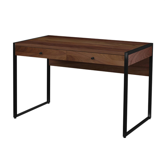 Drake 2-Drawer Writing Desk by Butler Specialty Company in brown and walnut. Made from mdf, walnut veneer, steel in a modern style.