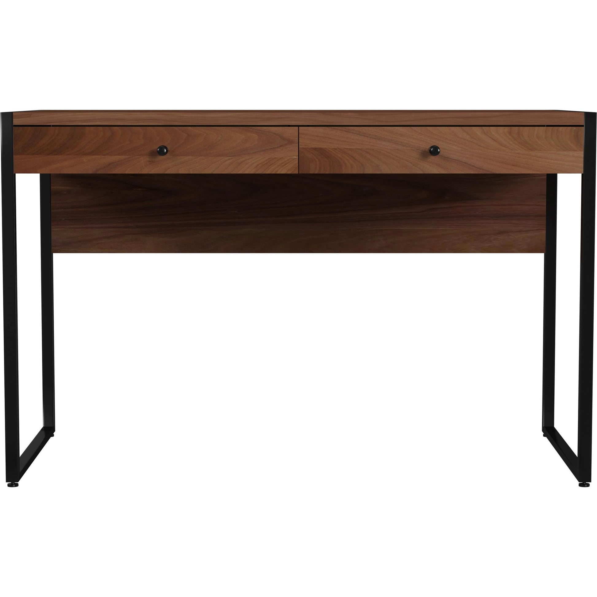 Drake 2-Drawer Writing Desk by Butler Specialty Company in brown and walnut. Made from mdf, walnut veneer, steel in a modern style.