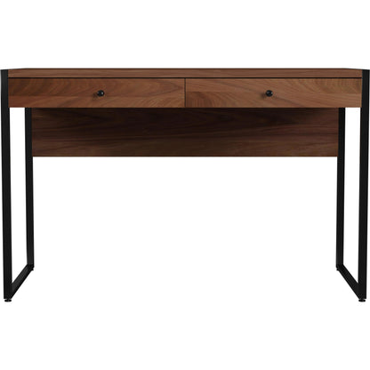 Drake 2-Drawer Writing Desk by Butler Specialty Company in brown and walnut. Made from mdf, walnut veneer, steel in a modern style.