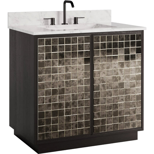 Mosaico 36" Vanity with Undermount Sink by Currey and Company in ebony, natural, white, antique mirror. Made from mango wood, carrara marble, vitreous china, glass in a unique style.
