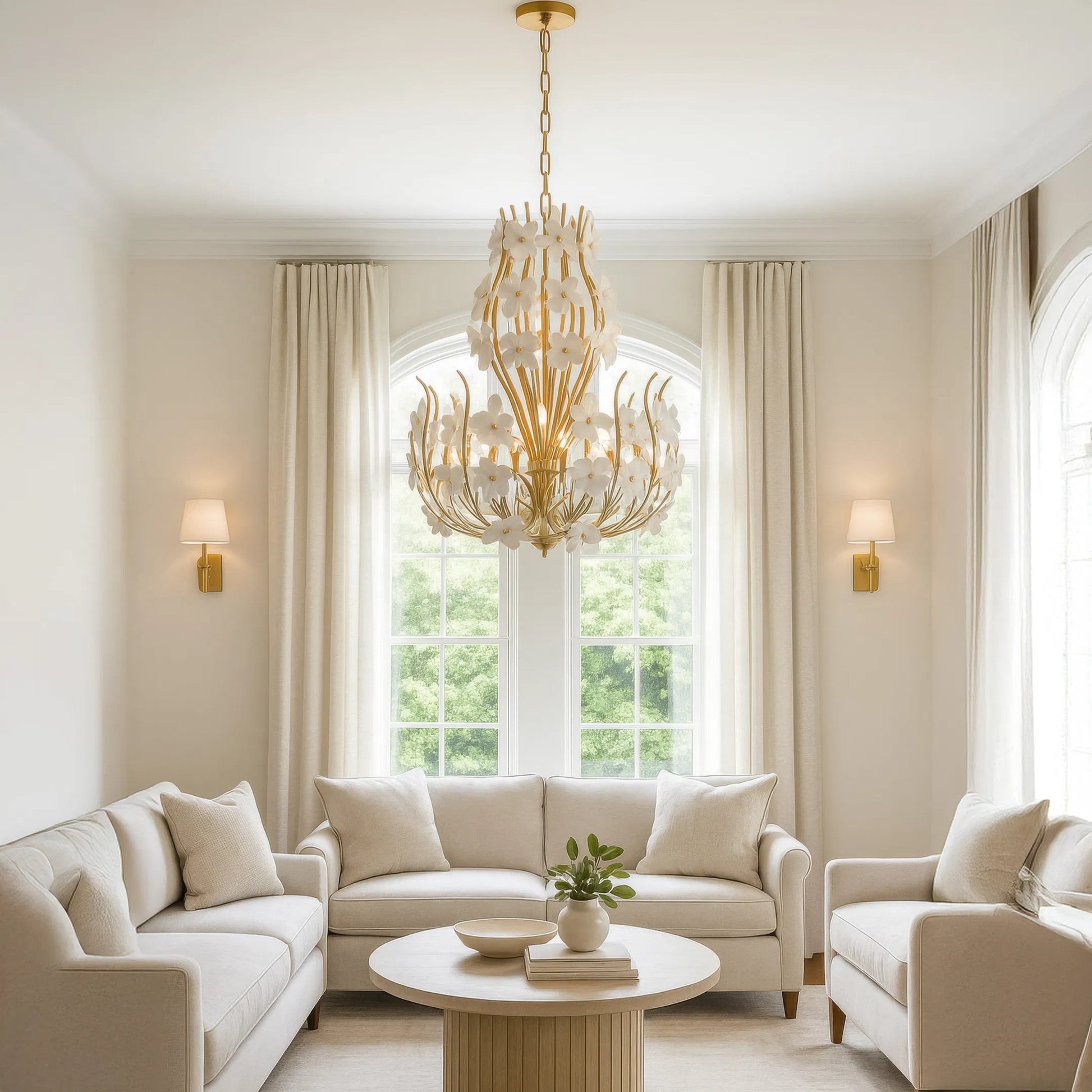 Petal Court 9 Light Chandelier by Varaluz in gold. Made from steel, glass in a unique style.