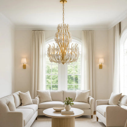 Petal Court 9 Light Chandelier by Varaluz in gold. Made from steel, glass in a unique style.