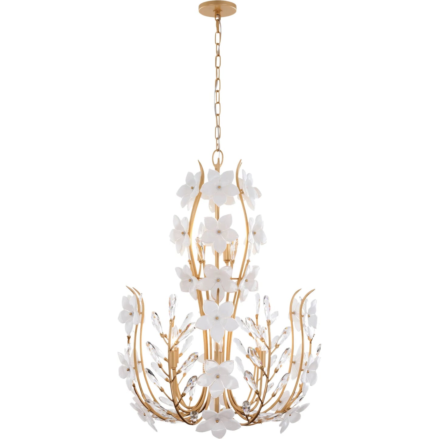 001 SI-2537016 | Primary Silo | Petal Court 9 Light Chandelier by Varaluz in gold. Made from steel, glass in a unique style.