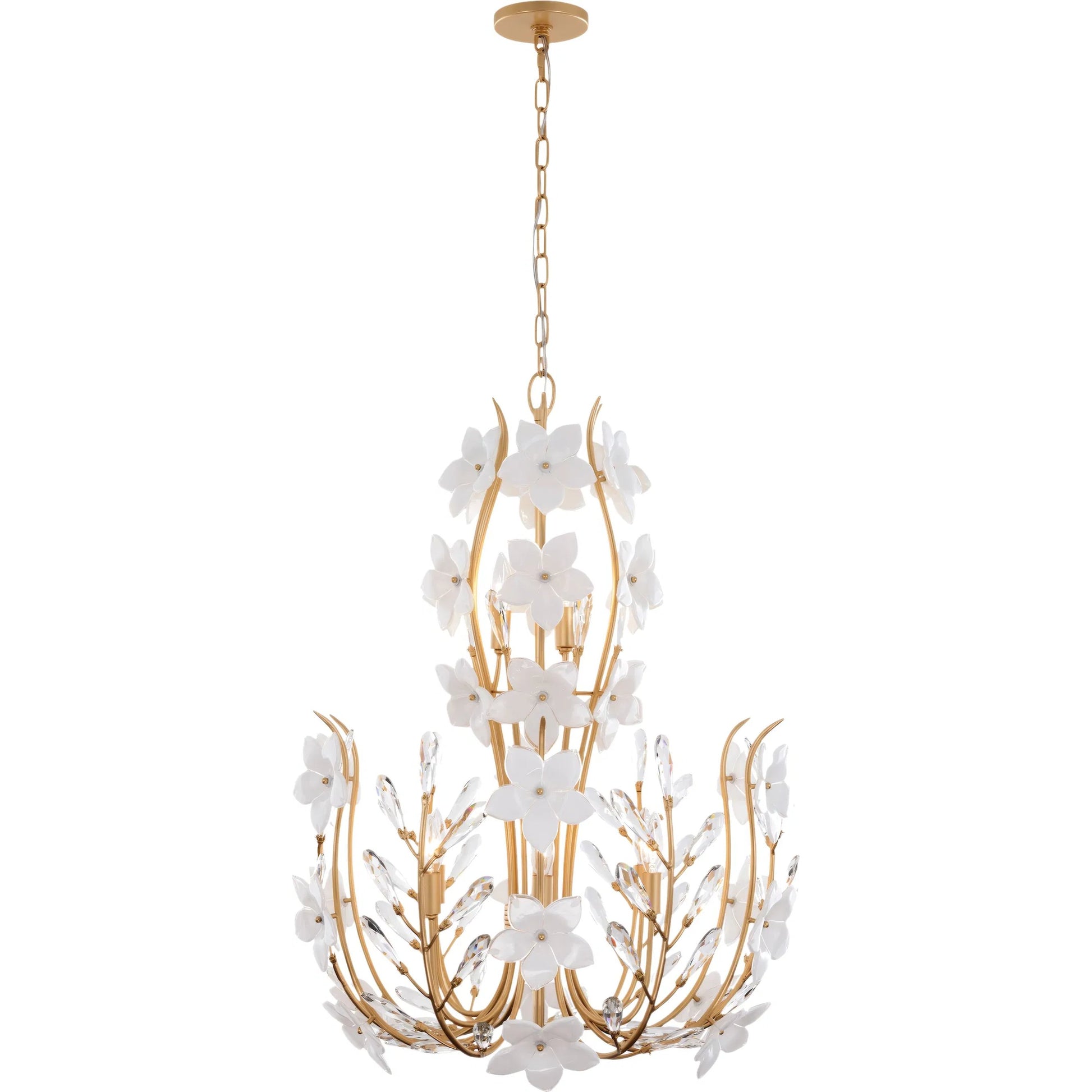 Petal Court 9 Light Chandelier by Varaluz in gold. Made from steel, glass in a unique style.