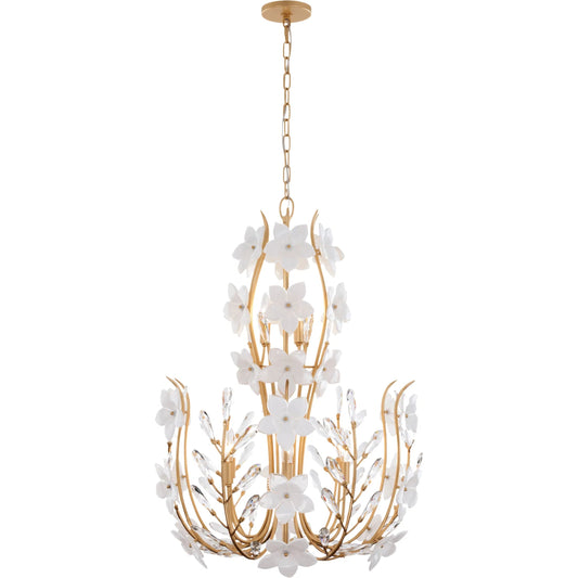Petal Court 9 Light Chandelier by Varaluz in gold. Made from steel, glass in a unique style.