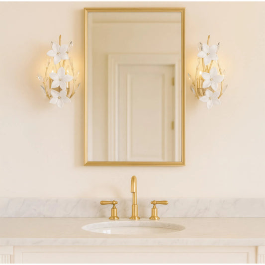 Petal Court 2 Light Wall Sconce by Varaluz in gold. Made from steel, glass in a unique style.