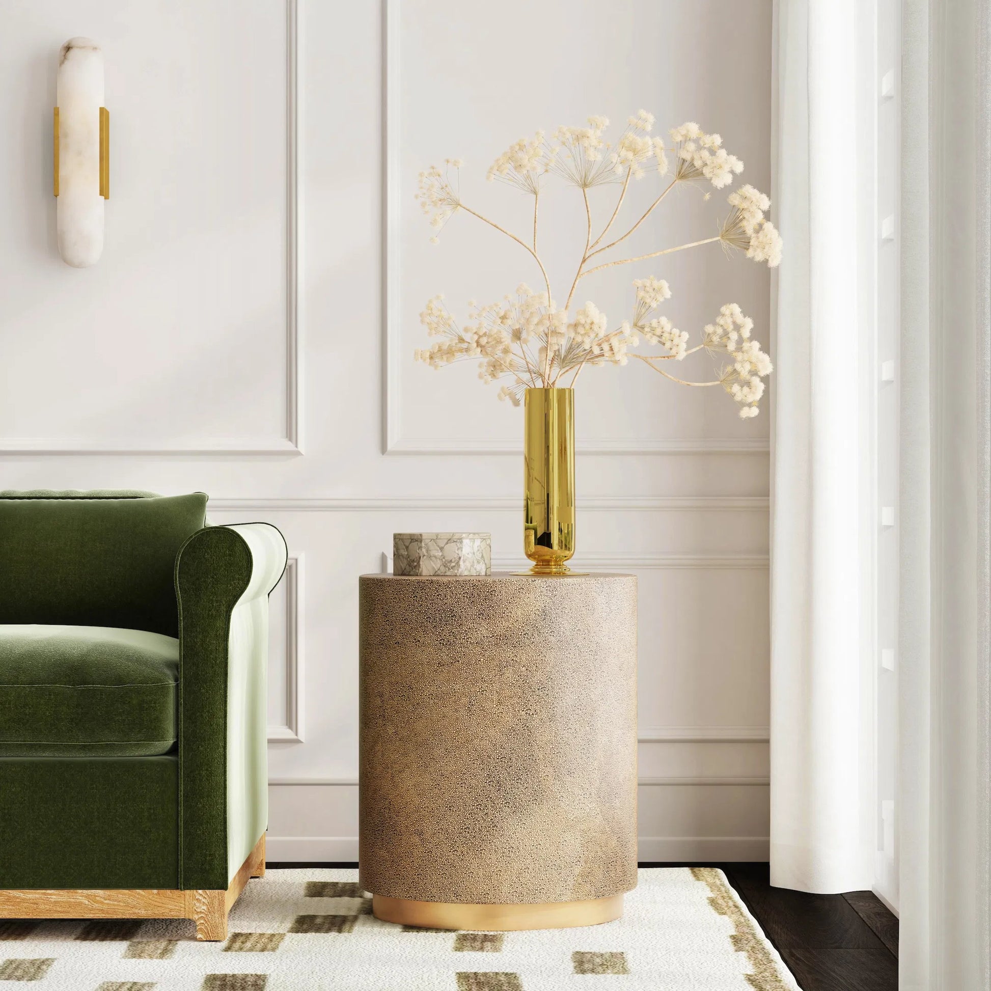 Olenka Accent Table by Butler Specialty Company in gold and brass. Made from leather, mdf, steel in a modern style.