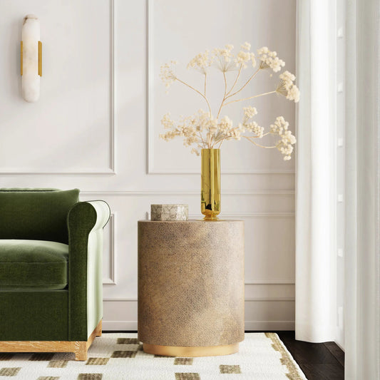 Olenka Accent Table by Butler Specialty Company in gold and brass. Made from leather, mdf, steel in a modern style.