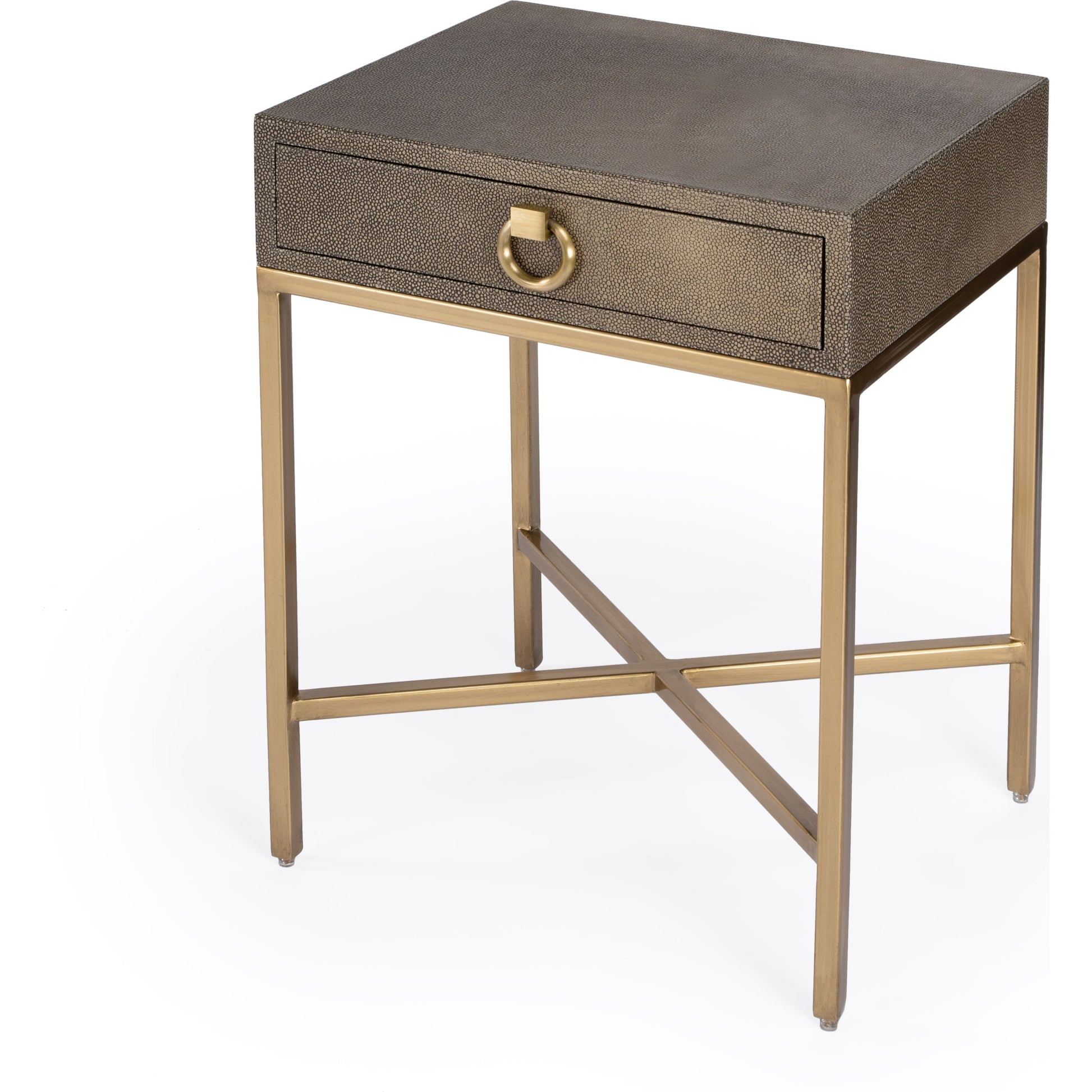 Sullia End Table by Butler Specialty Company in gold and cosmopolitan. Made from leather, mdf, steel in a modern style.