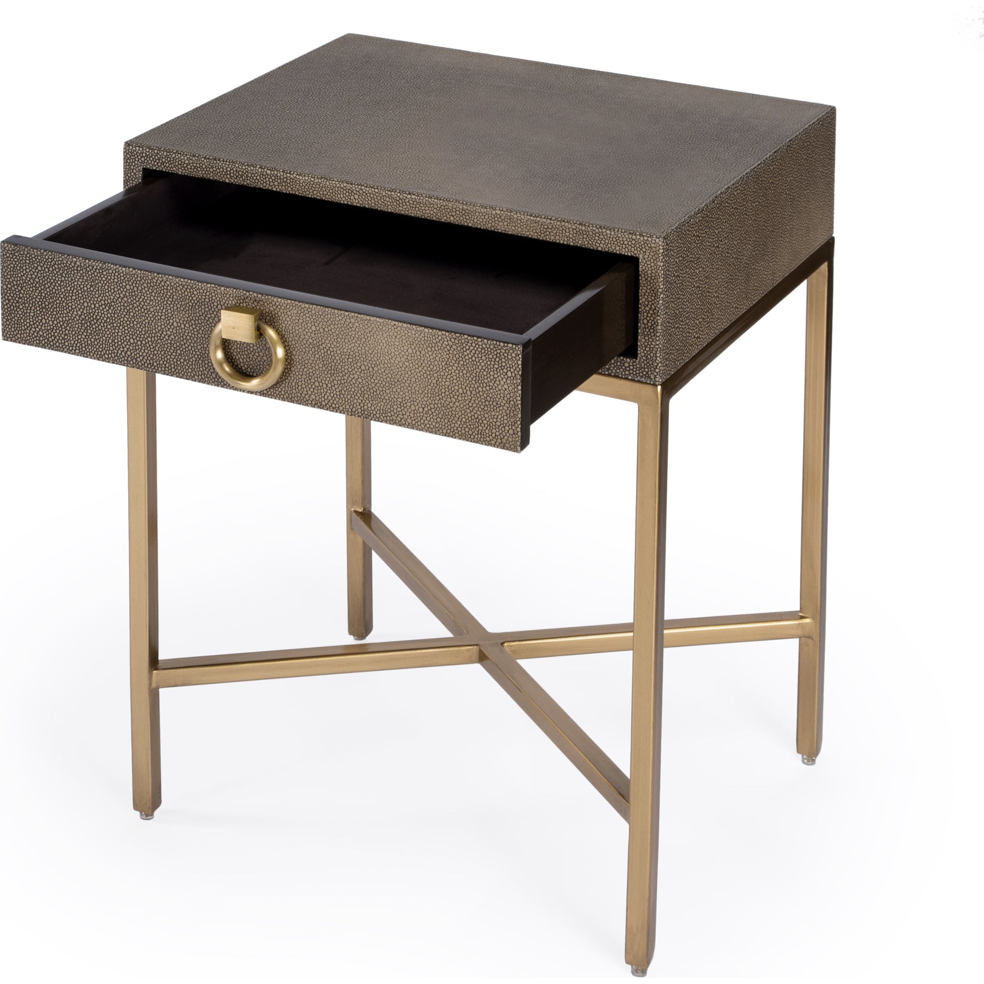 Sullia End Table by Butler Specialty Company in gold and cosmopolitan. Made from leather, mdf, steel in a modern style.