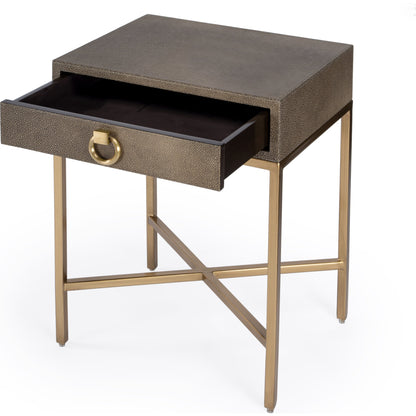 Sullia End Table by Butler Specialty Company in gold and cosmopolitan. Made from leather, mdf, steel in a modern style.