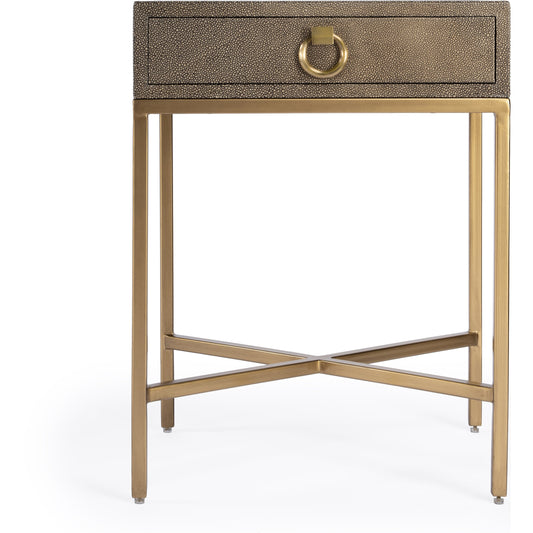 Sullia End Table by Butler Specialty Company in gold and cosmopolitan. Made from leather, mdf, steel in a modern style.