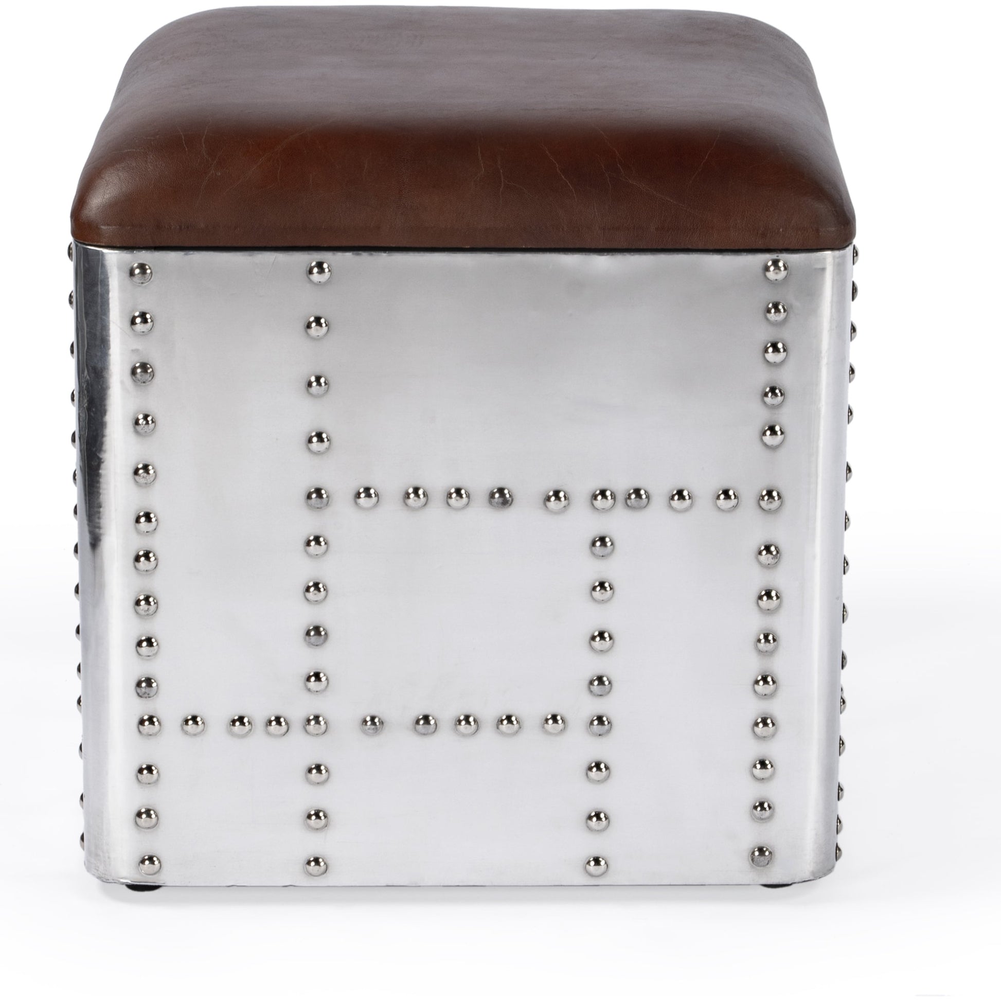 Midway Stool by Butler Specialty Company in brown and industrial chic. Made from aluminum, leather, plywood in a modern style.