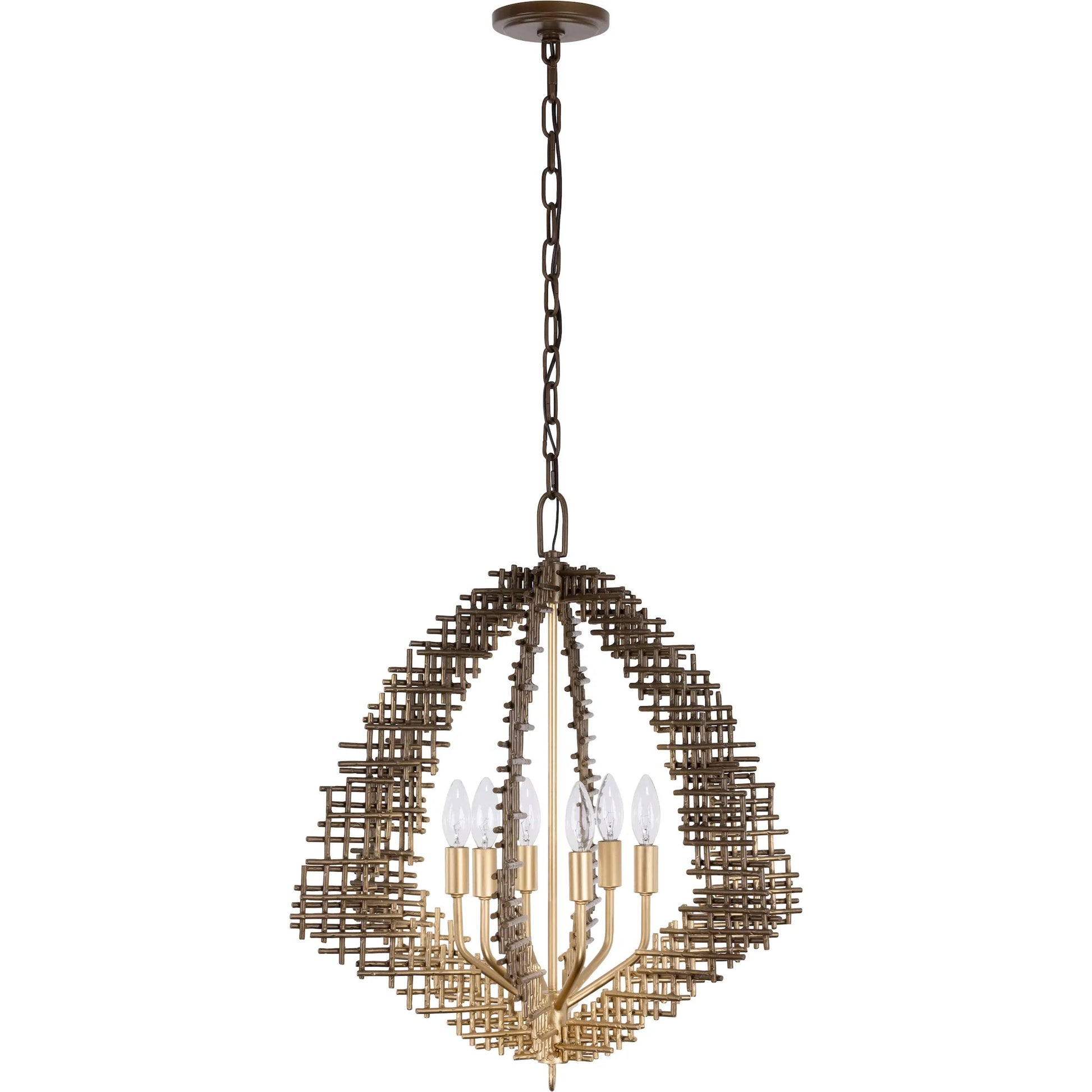 Construct 6 Light Pendant by Varaluz in bronze, brown. Made from steel in a unique style.