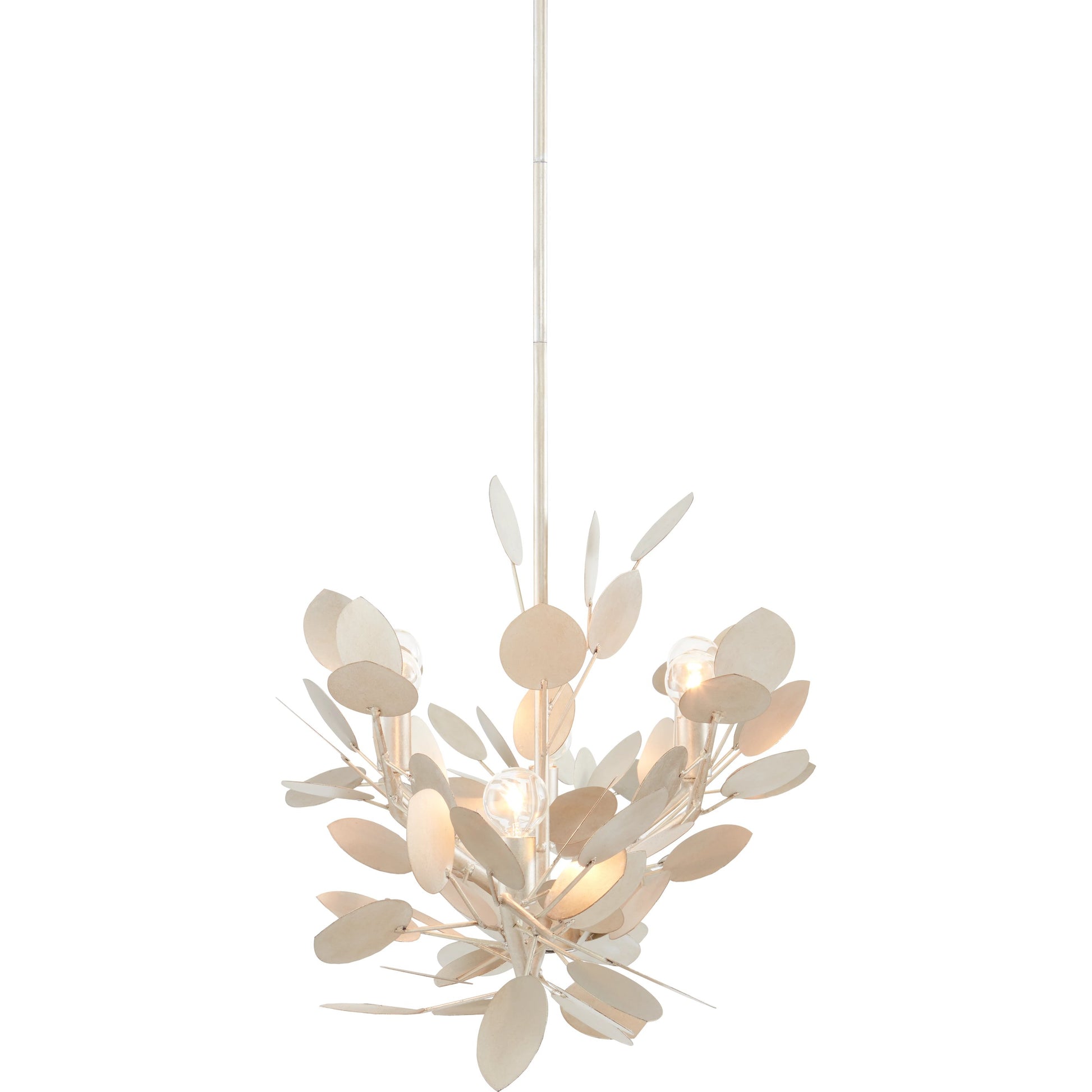 Lunaria Oval Chandelier by Currey and Company in contemporary silver leaf. Made from wrought iron in a transitional style.
