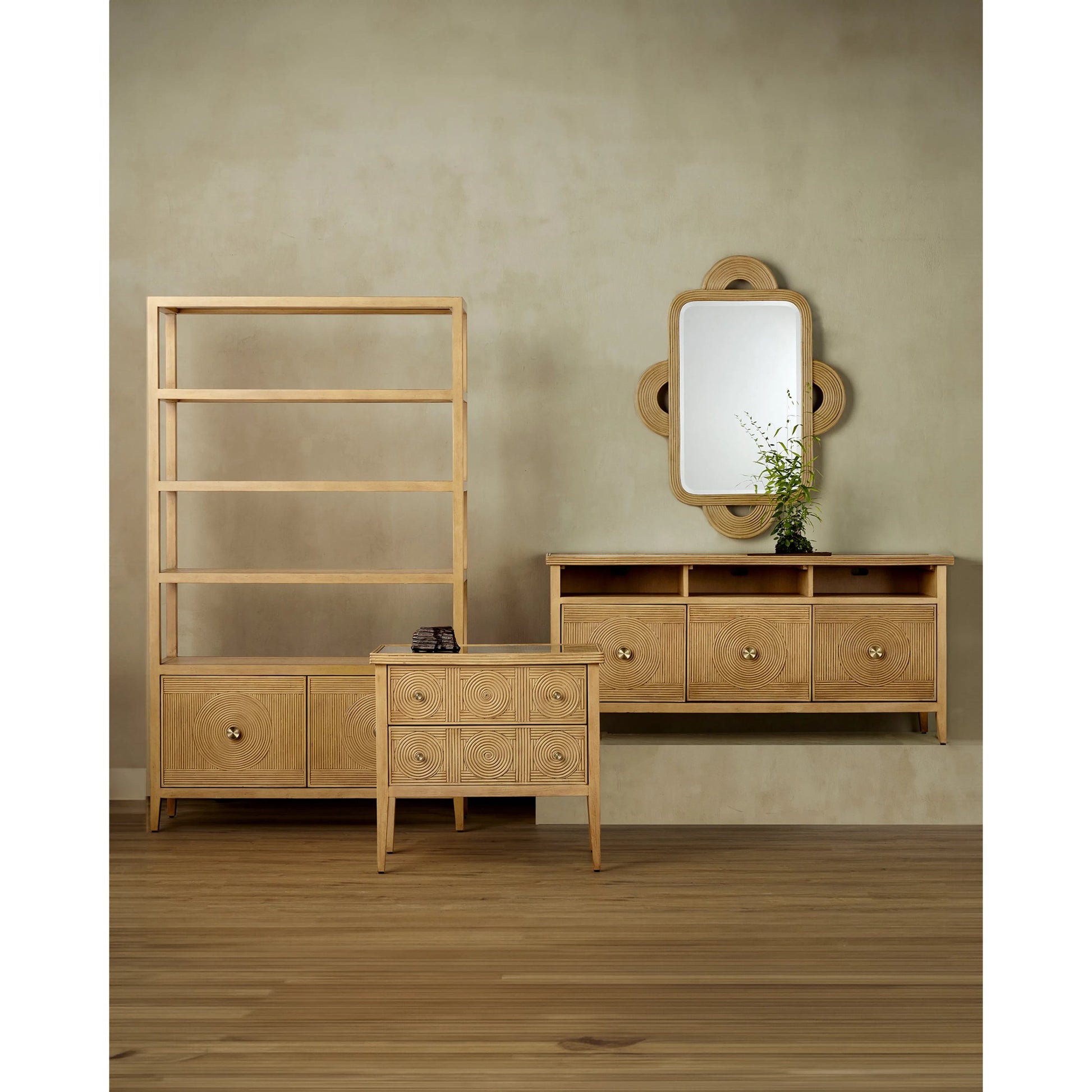 Santos Storage Etagere by Currey and Company in vintage navy, brushed brass. Made from rattan, mahogany, grasscloth, brass in a transitional style.
