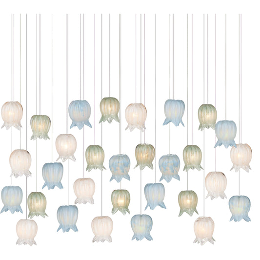 Polpo Misto 30-Light Linear Multi-Drop Pendant by Currey and Company in blue, green, white, silver. Made from art glass, metal in a modern style.