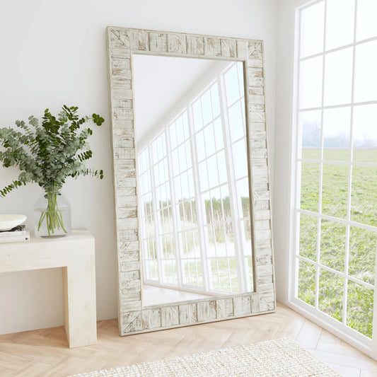 Astrid Reclaimed Pine Floor Mirror by Classic Home in white. Made from reclaimed pine pallet skin, mirror in a rustic style.