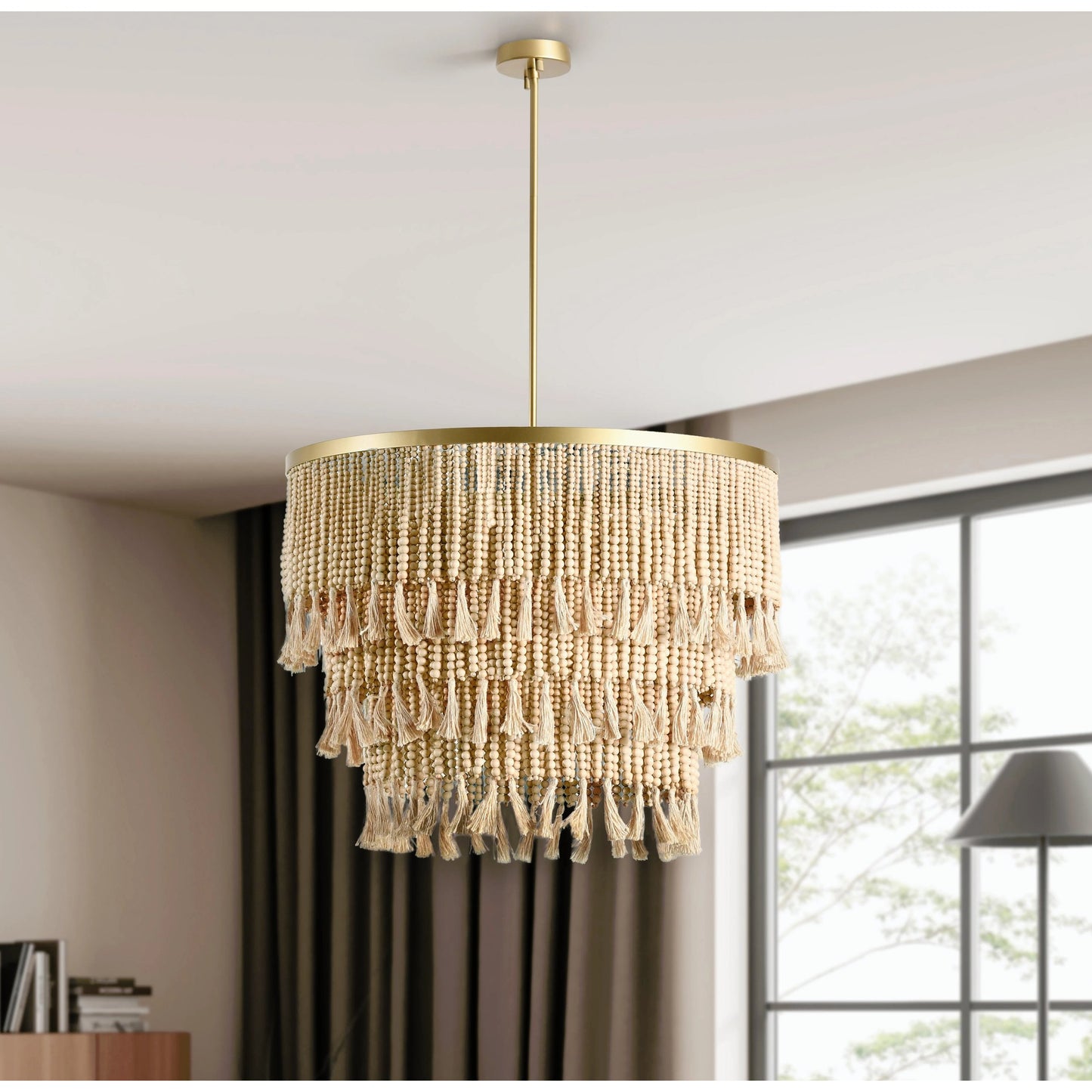 005 SI-2162530 | Closeup | Brittany Natural Beaded Chandelier by Classic Home in natural. Made from wood beads in a cottage & farmhouse style.