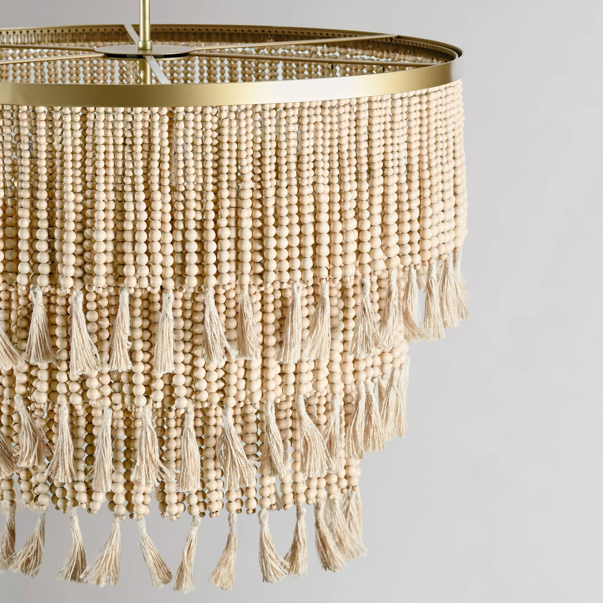 Brittany Natural Beaded Chandelier by Classic Home in natural. Made from wood beads in a cottage & farmhouse style.