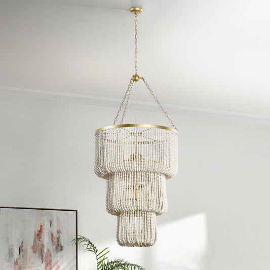 Amanda White Beaded Chandelier by Classic Home in white. Made from wood beads in a cottage & farmhouse style.