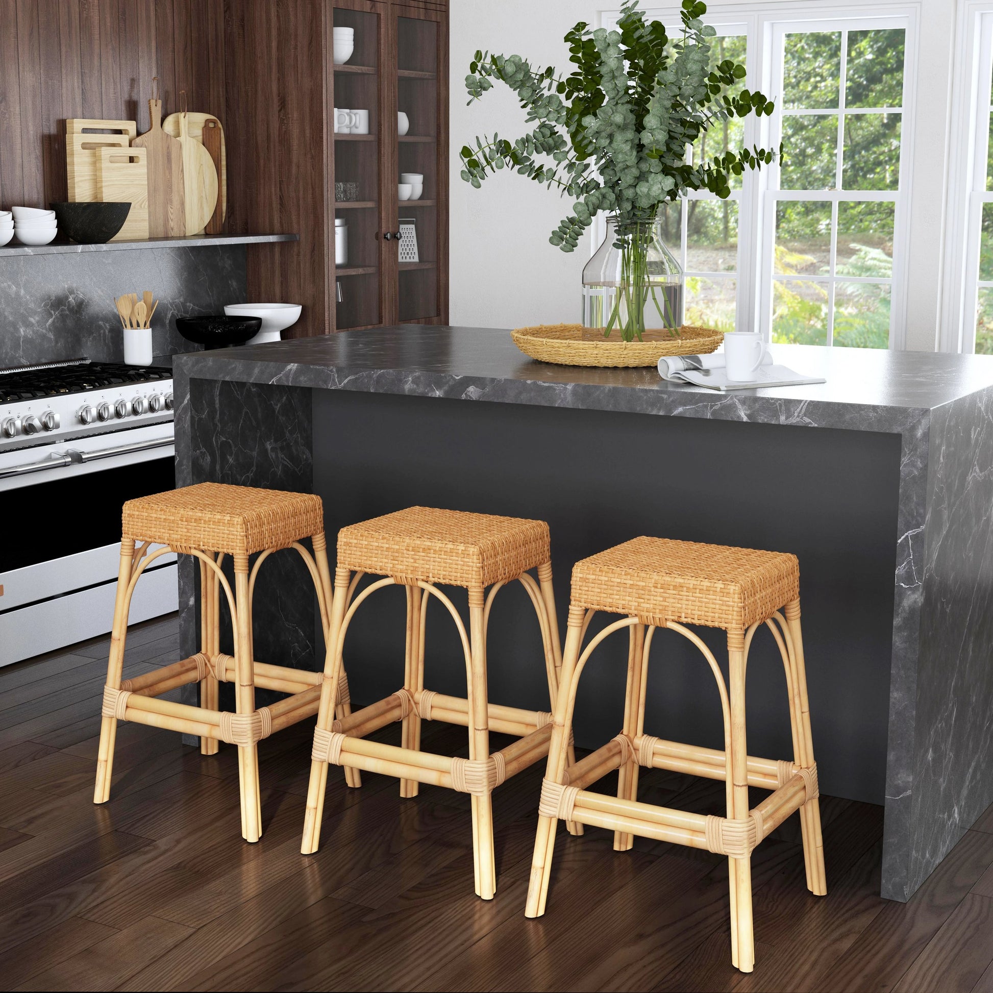 Robias Rectangular Rattan 30" Bar Stool by Butler Specialty Company. Made from rattan, polyurethane synthetic rattan in a cottage & farmhouse style.