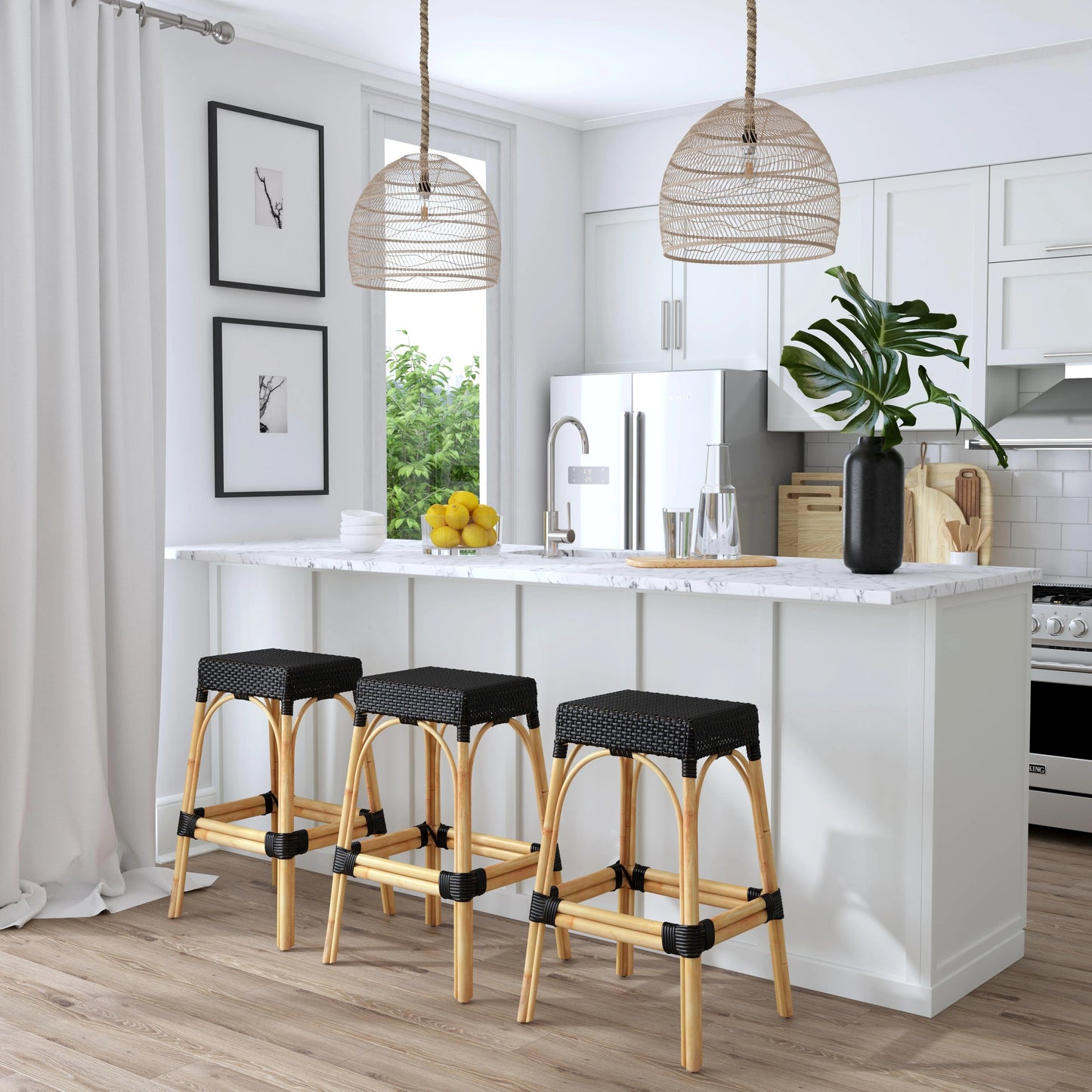 010 SI-2077736 | Lifestyle | Robias Rectangular Rattan 30" Bar Stool by Butler Specialty Company. Made from rattan, polyurethane synthetic rattan in a cottage & farmhouse style.