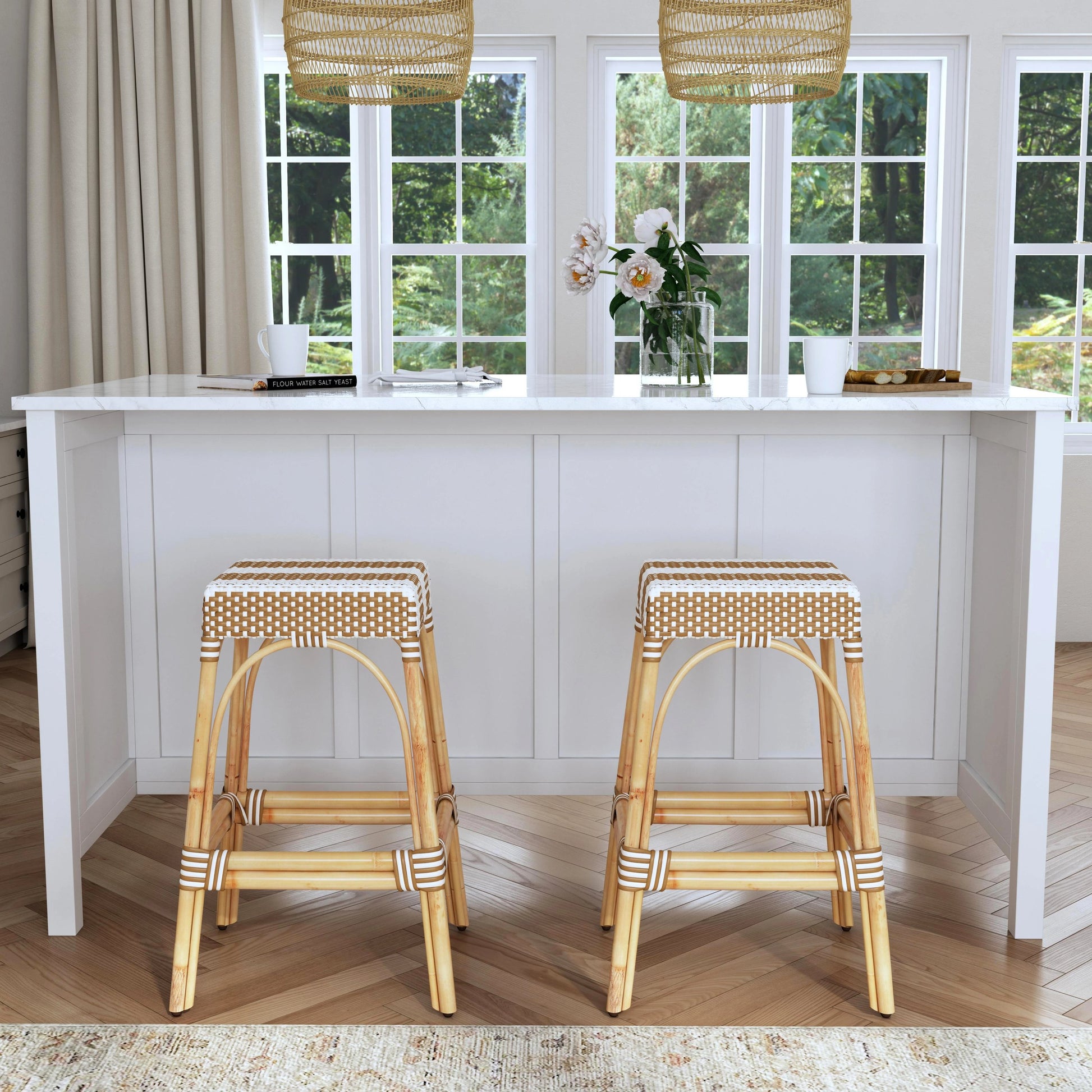 Robias Bar Stool by Butler Specialty Company. Made from natural rattan, synthetic weave in a coastal style.