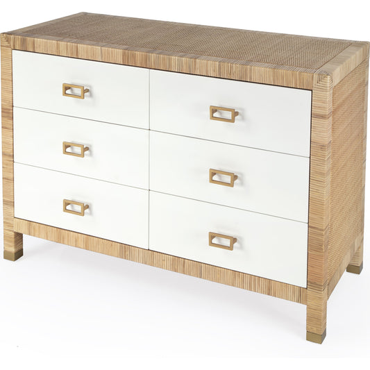 Corfu Dresser by Butler Specialty Company in natural and white and cosmopolitan. Made from wood, plywood, rattan split, aluminum in a modern style.