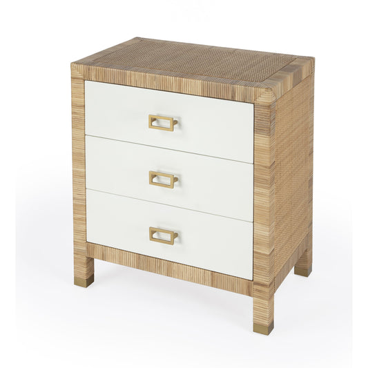 Corfu Chest by Butler Specialty Company in natural and white and cosmopolitan. Made from wood, plywood, rattan split, aluminum in a modern style.