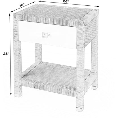 Corfu Nighstand by Butler Specialty Company in natural and white and cosmopolitan. Made from wood, plywood, rattan split, aluminum in a modern style.