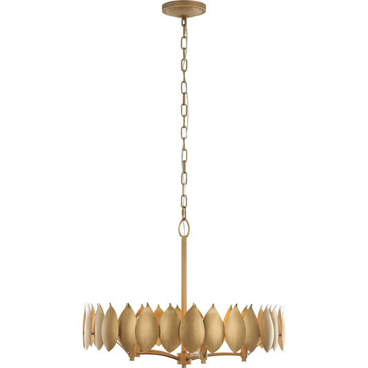 Petal Reign 5 Light Pendant by Varaluz in gold. Made from steel in a unique style.