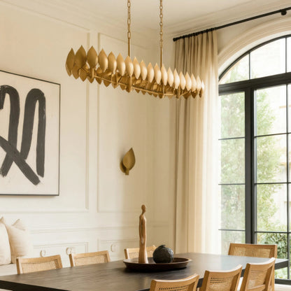 Petal Reign 6 Light Linear by Varaluz in gold. Made from steel in a unique style.