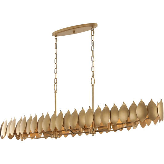 Petal Reign 8 Light Linear by Varaluz in gold. Made from steel in a unique style.