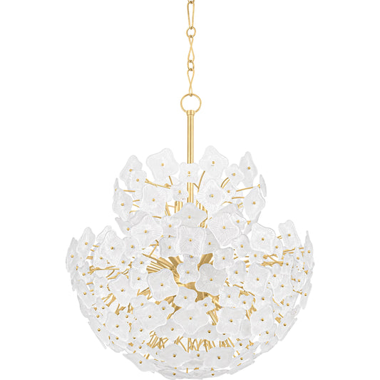 Barrytown Chandelier by Hudson Valley in vintage gold leaf. Made from iron in a unique style.