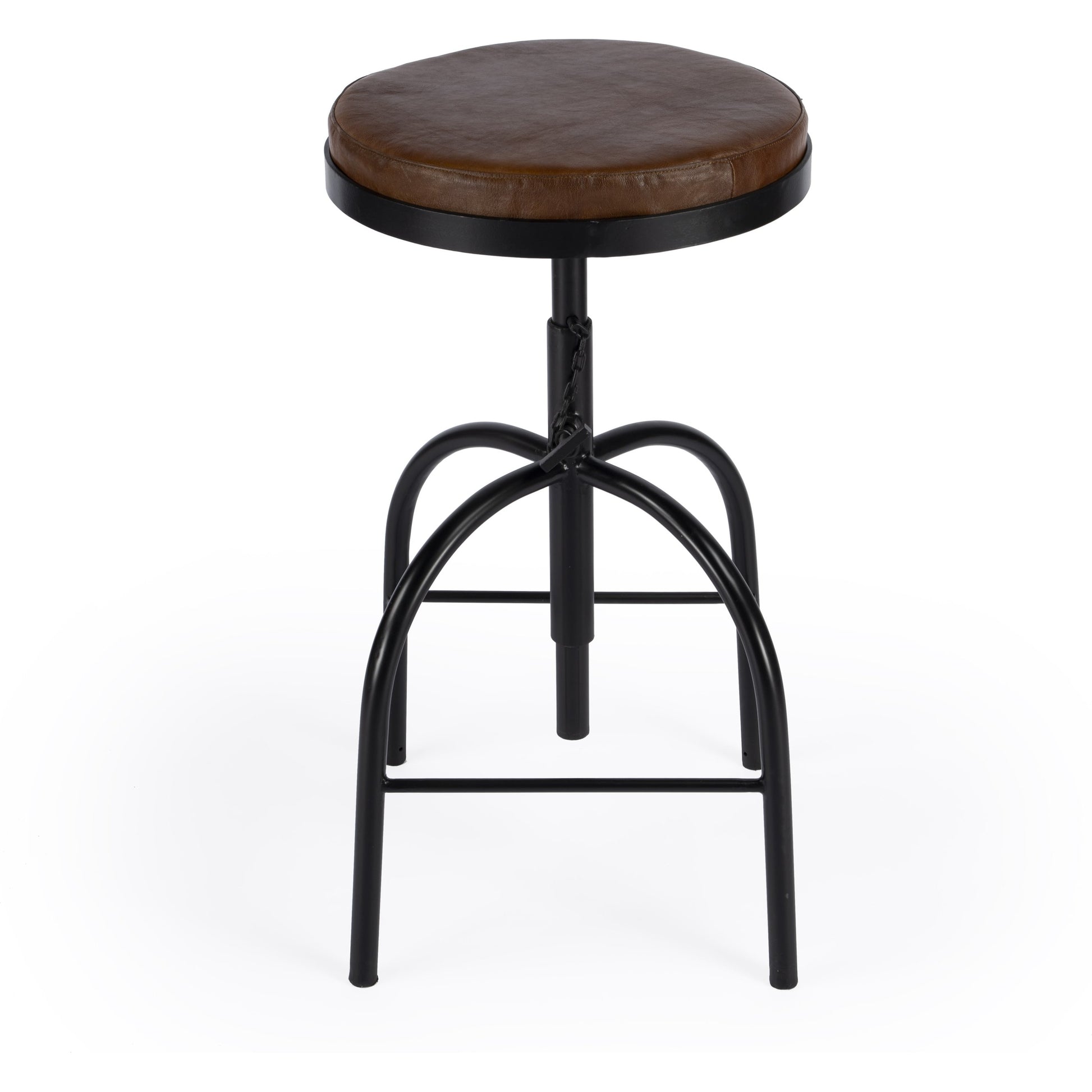 Clyde Bar Stool by Butler Specialty Company in brown and brown leather. Made from iron, brown leather, fr foam in a modern style.
